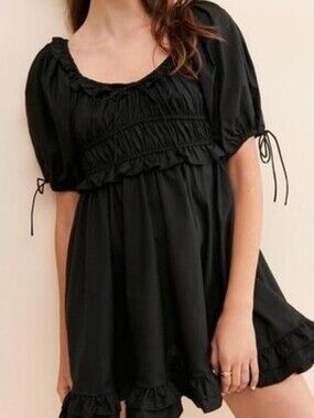 En Saison Black Ruffled Mini Milkmaid Dress with Puff Sleeves Size S